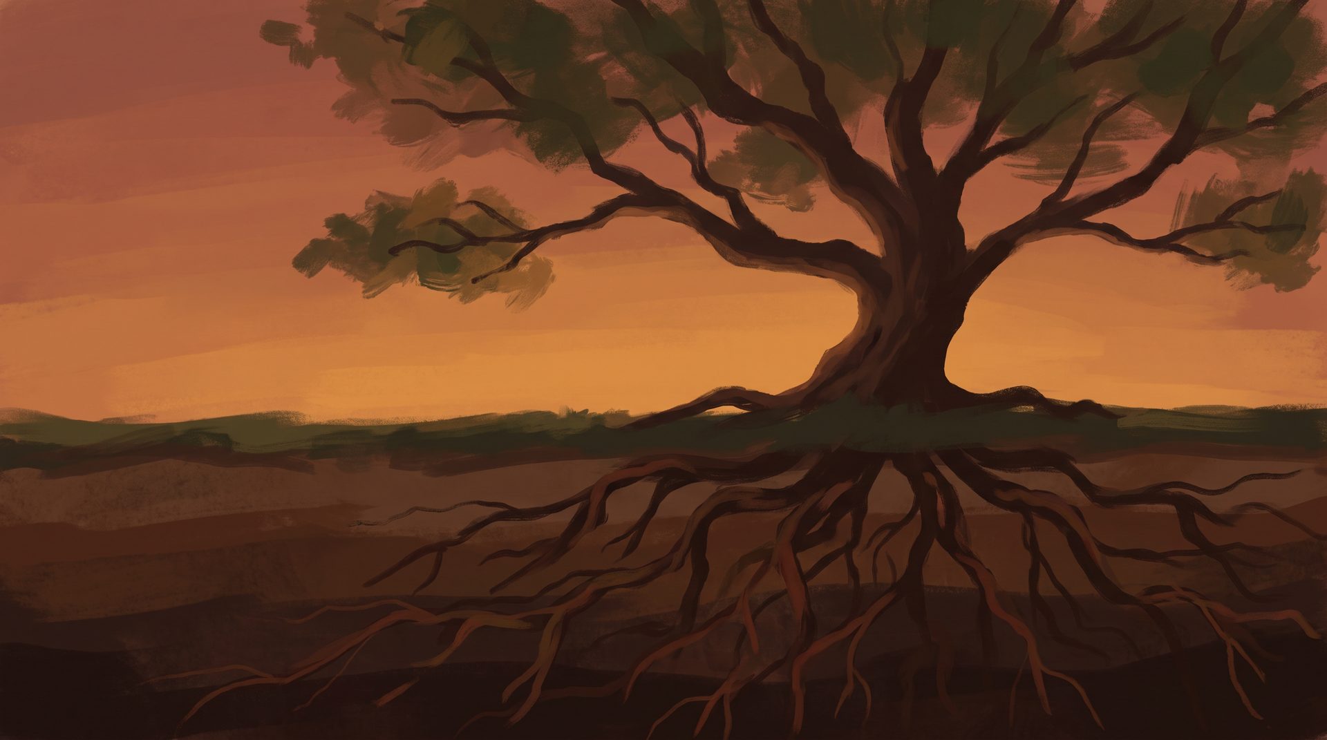Painterly illustration of a solitary tree at dusk with roots reaching into the earth, symbolizing the integration of conscious and unconscious life