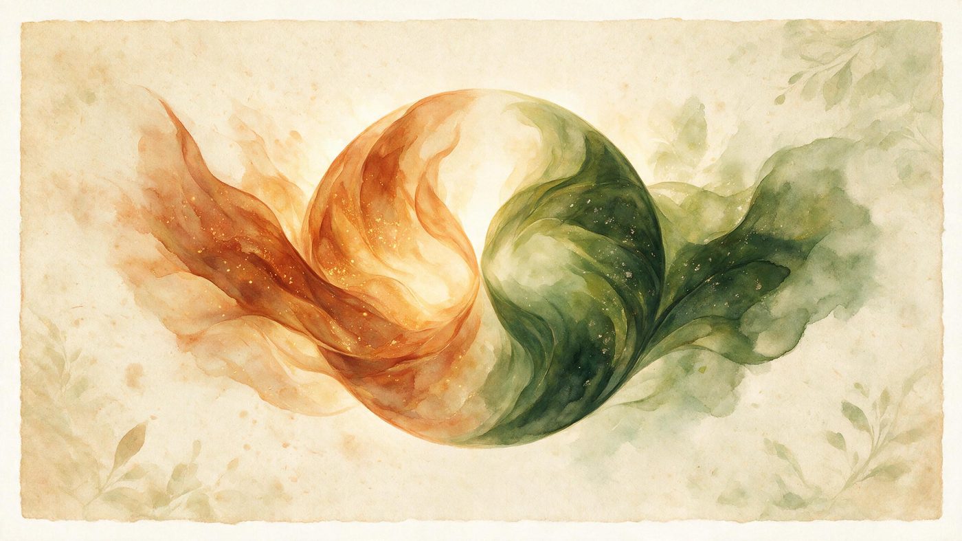 Warm painterly illustration of two forms merging into a balanced circular shape, symbolizing psychological integration