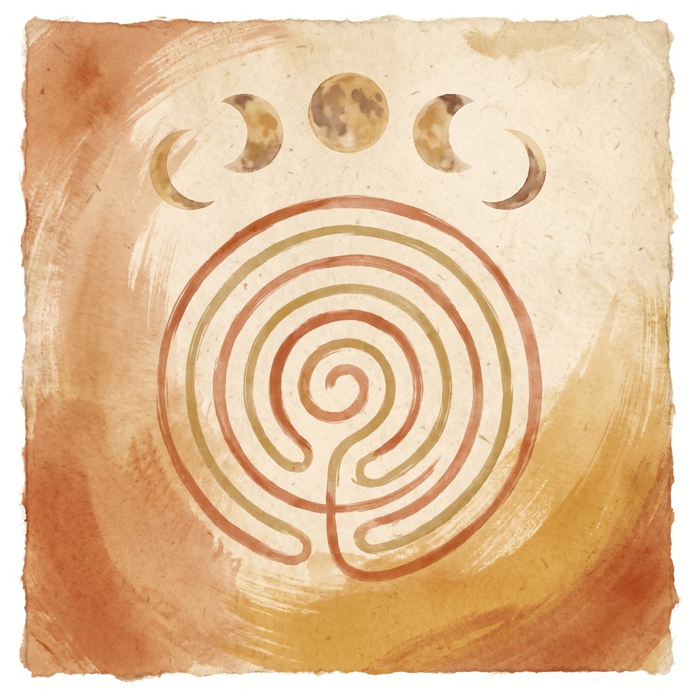 A hand-painted spiral labyrinth beneath moon phases, symbolizing the inward, cyclical journey of individuation